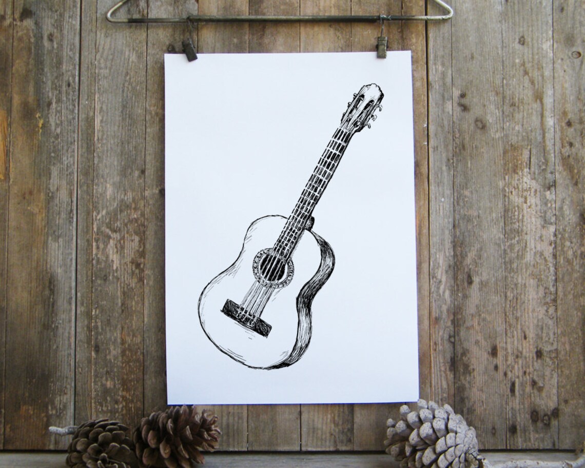 Acoustic Guitar Black And White Sketch Minimal Line Drawing Music Poster - Image 4