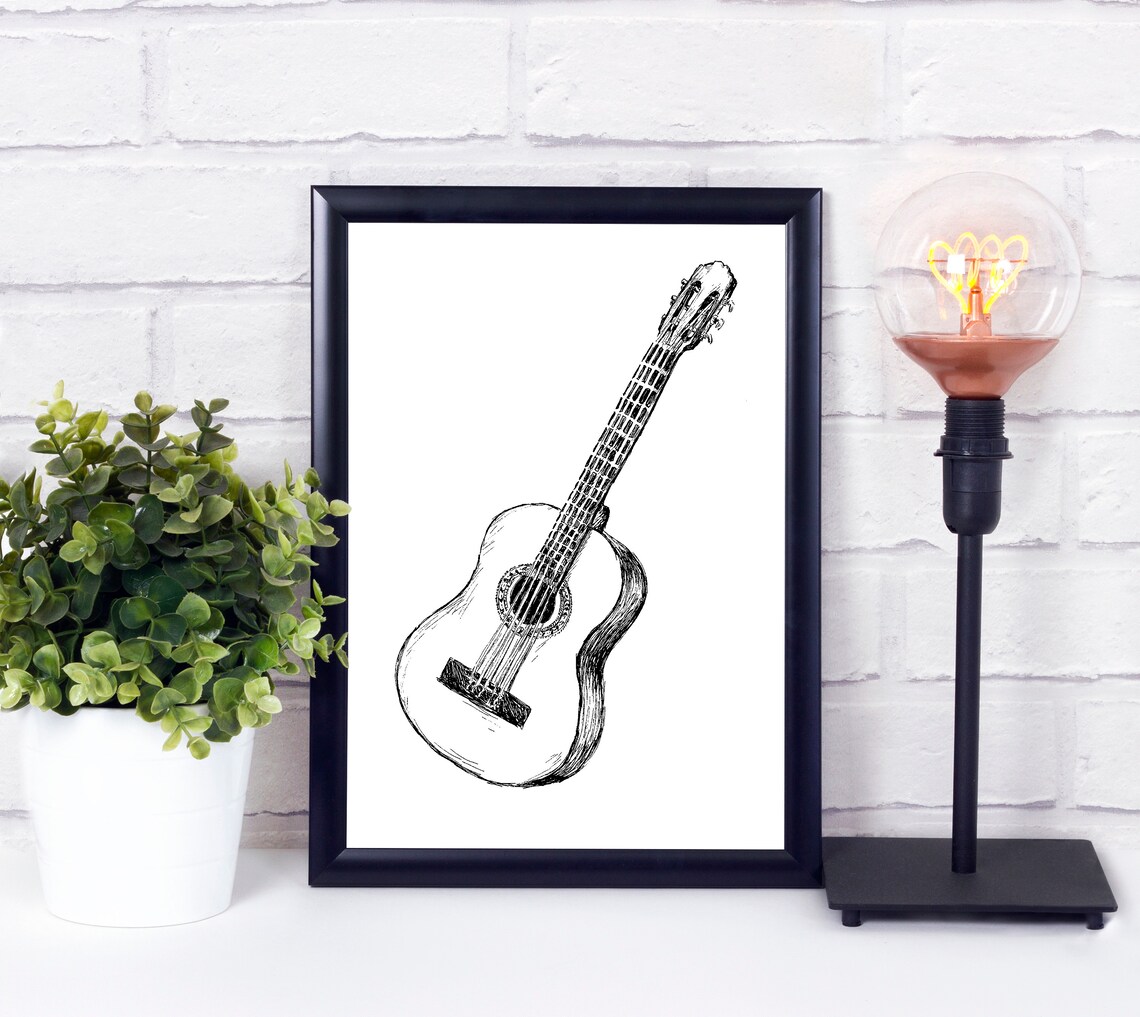 Acoustic Guitar Black And White Sketch Minimal Line Drawing Music Poster