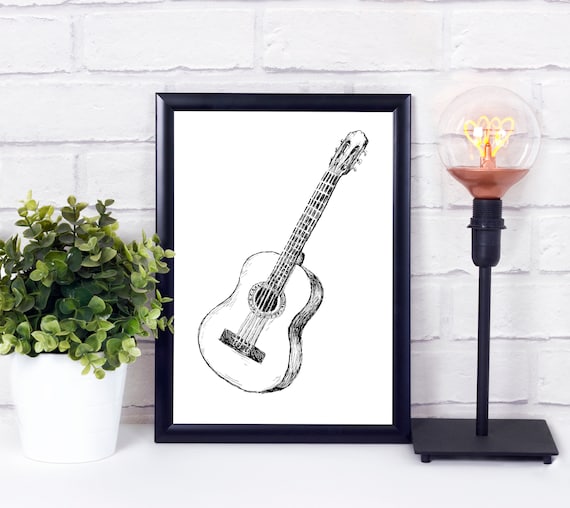Acoustic Guitar Black And White Sketch Minimal Line Drawing Music Poster