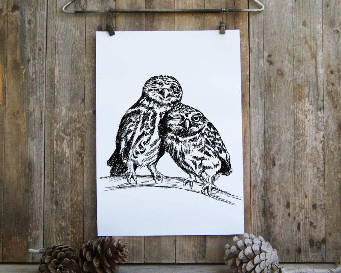Two Owls Ink Drawing Black and White Birds Minimalist Wall Poster - Image 3