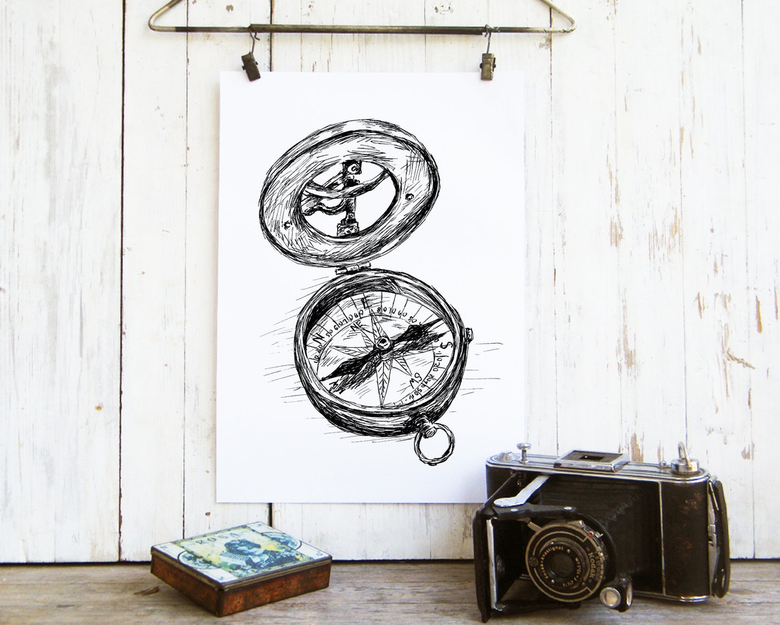 Antique Pocket Compass Open Lid Ink Sketch Adventure Wall Art - Image 3