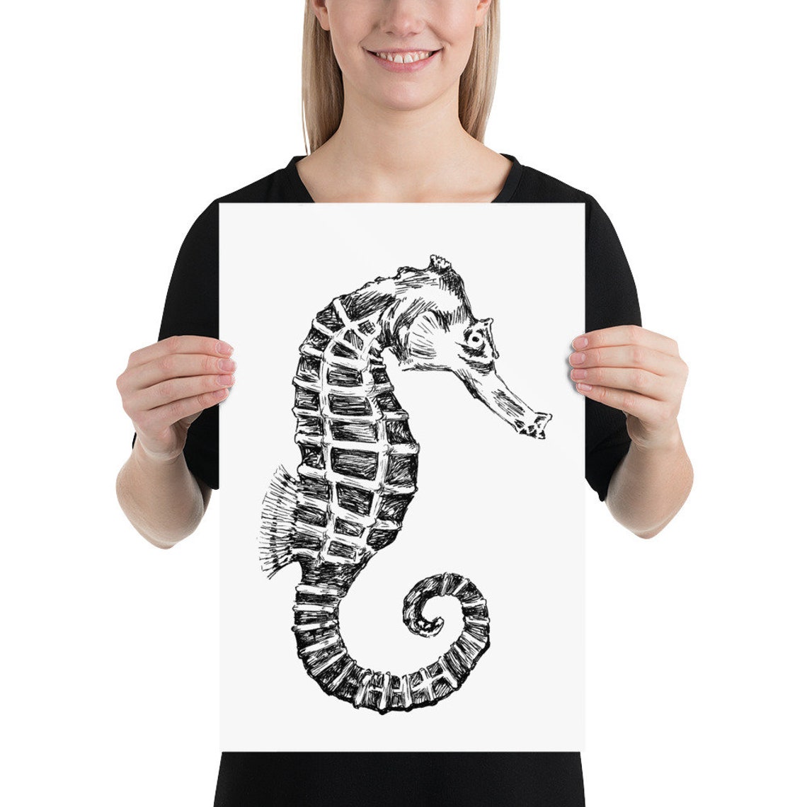 Seahorse Black and White Hand Drawn Ocean Life Sketch Wall Art - Image 3