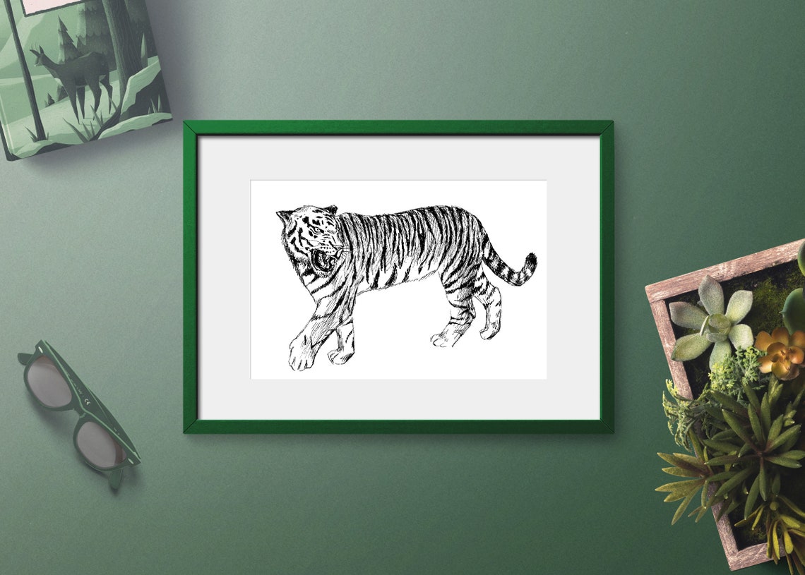 Roaring Tiger Ink Sketch Black and White Wild Big Cat Poster
