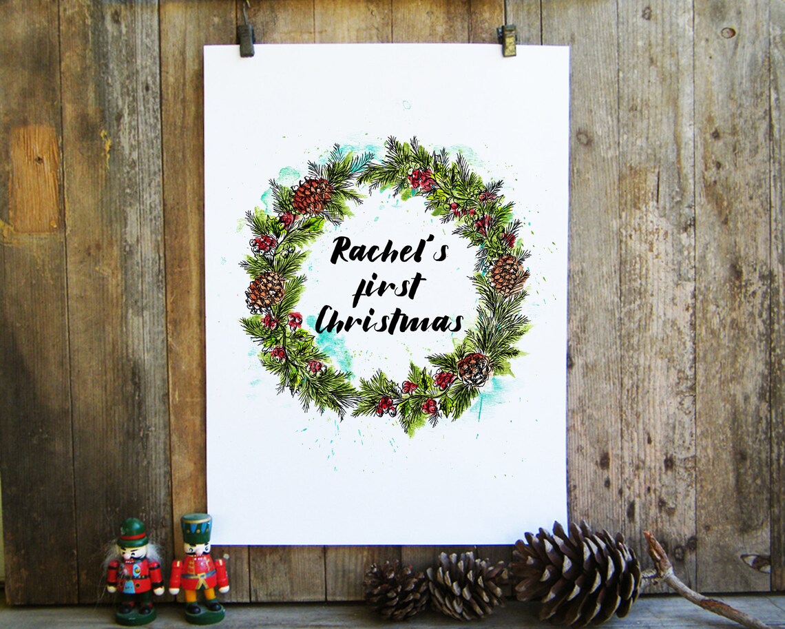 Our First Christmas Married Watercolor Wreath Holiday Poster - Image 3