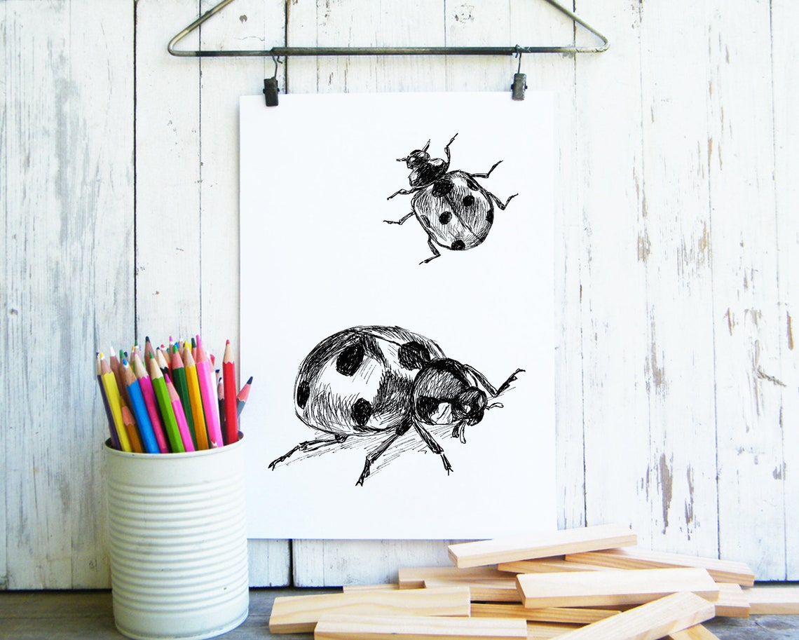 Two Ladybugs Ink Sketch Minimalist Insect Line Art Kids Room Poster - Image 2
