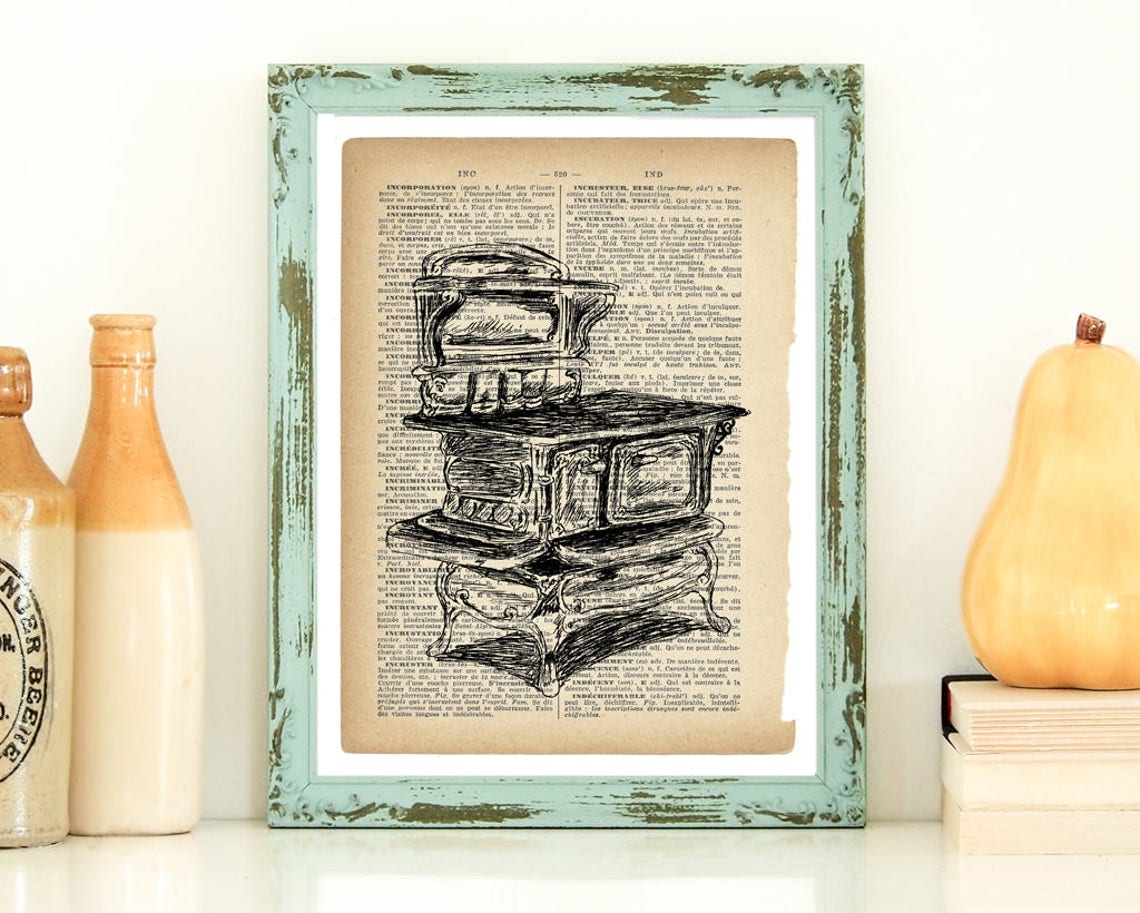 Antique Cast Iron Stove Ink Sketch Rustic Kitchen Art Poster - Image 2