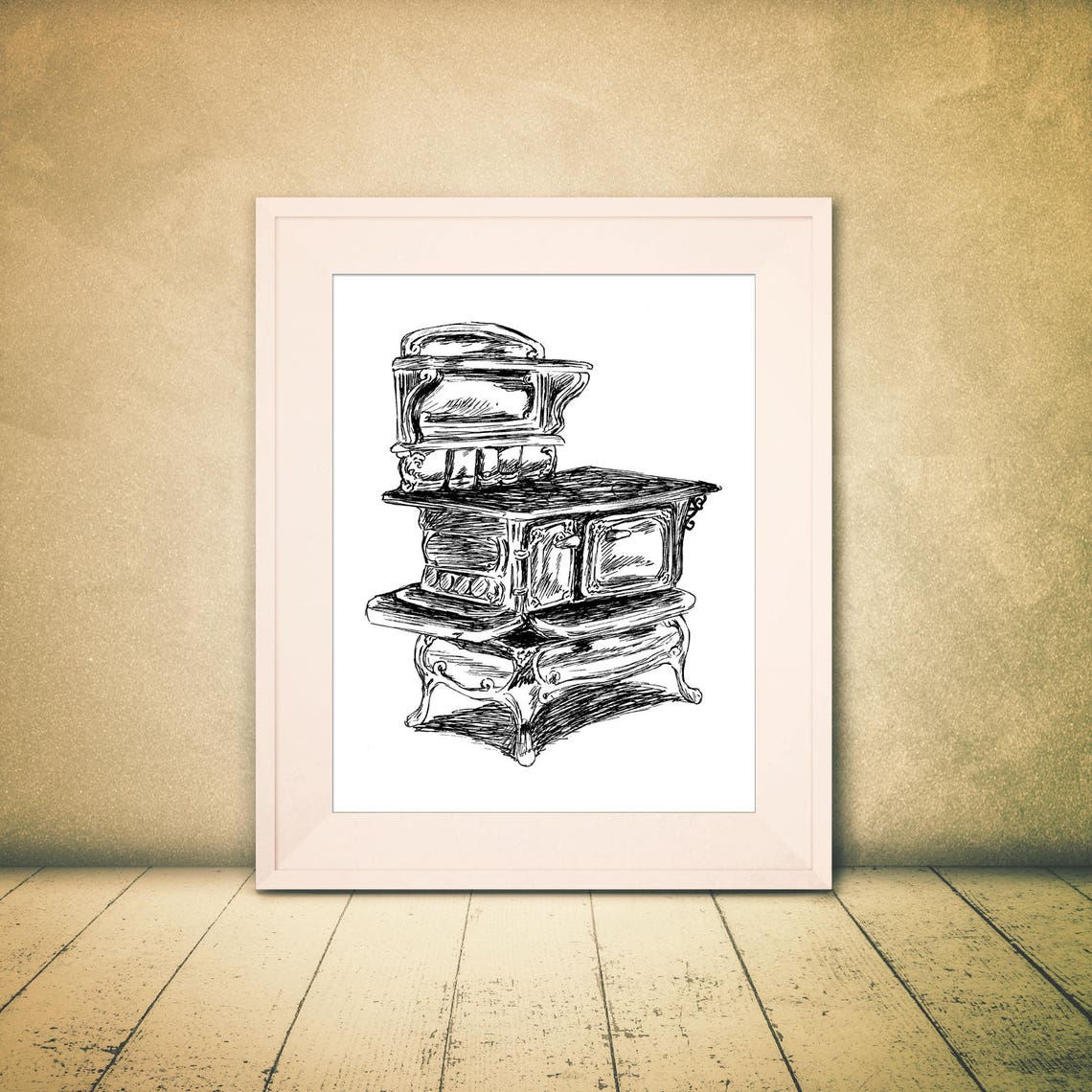Antique Cast Iron Stove Ink Sketch Rustic Kitchen Art Poster - Image 3