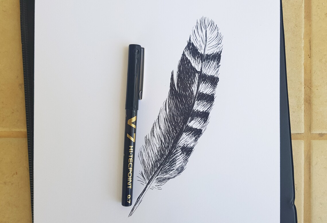Striped Bird Feather Black and White Minimalist Sketch Wall Art - Image 2