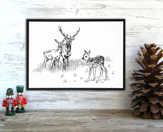 Deer Family Print Black And White Christmas Coloring Kids Christmas Craft Nursery Wall Dcor Deer Poster Wall Decor