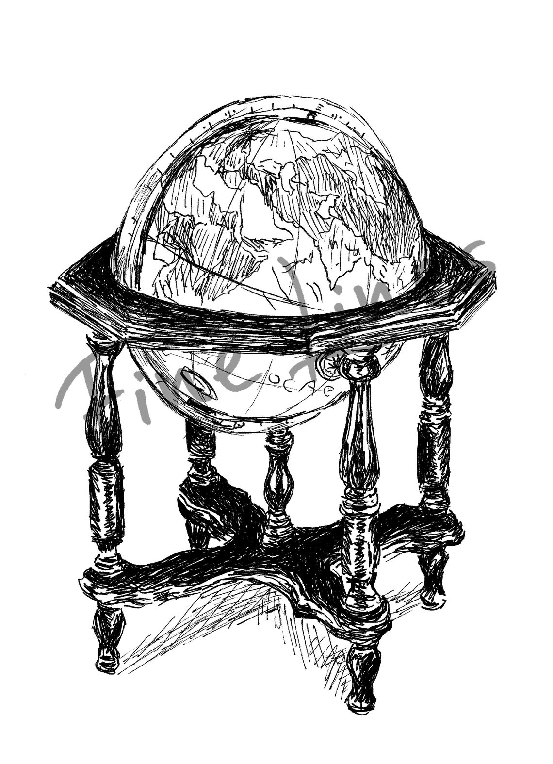 Antique Globe Sketch Pen and Ink Vintage World Globe Art Poster - Image 2