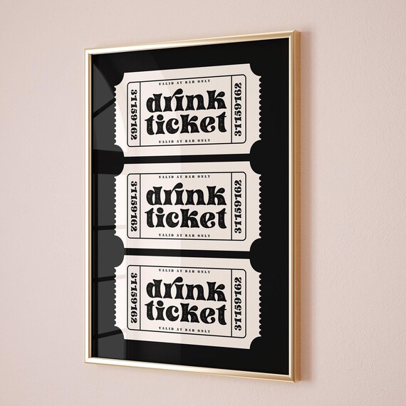Triple Drink Ticket Retro Stub Poster for Black Bar Cart Decor