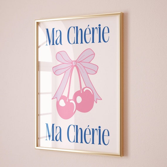 Blue Pink Cherry Bow Print Coquette Room Decor Ma Cherie Poster Preppy Wall Art College Apartment Girly