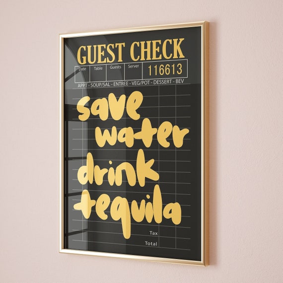 Guest Check Prints Trendy Wall Art Black And Gold Poster Preppy Decor Retro Bar Cart Yellow