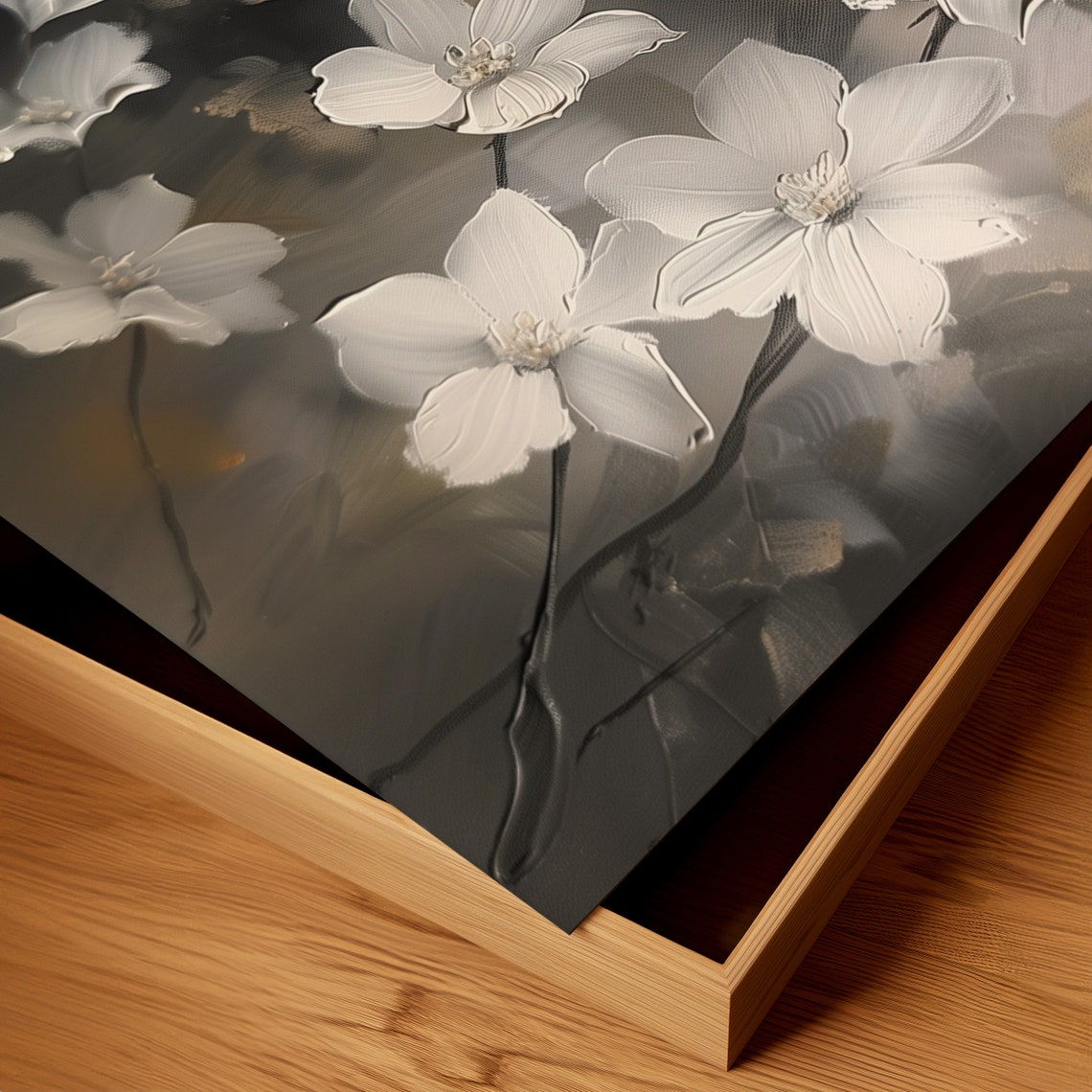 White Blossoms On Black Background Dramatic Floral Oil Painting Print - Image 3
