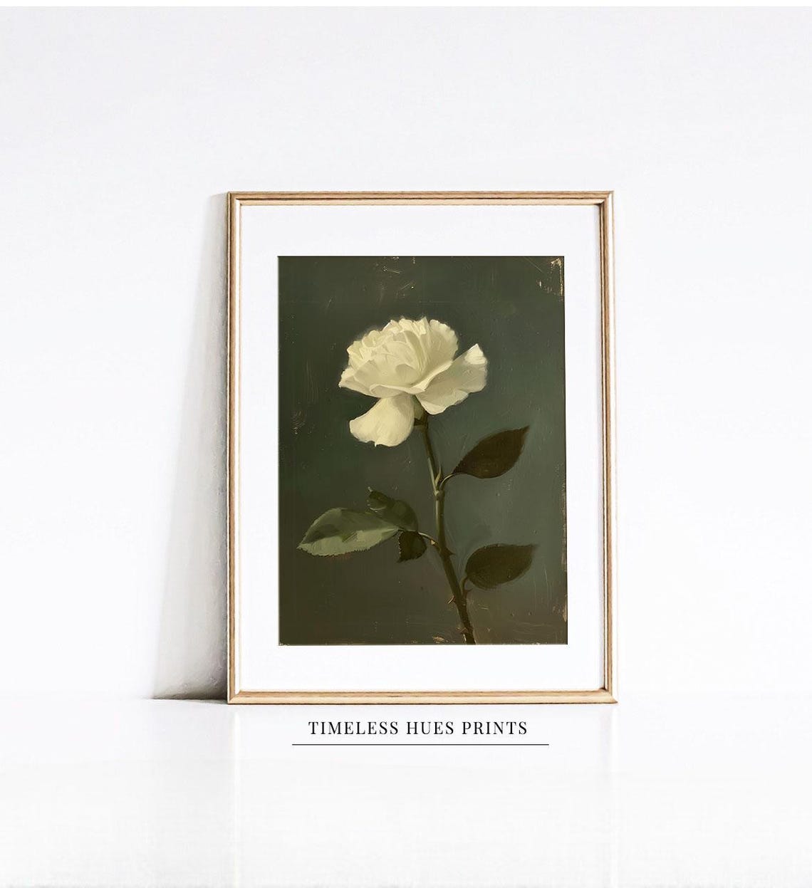 Single White Rose Moody Dark Botanical Vintage Oil Painting Poster