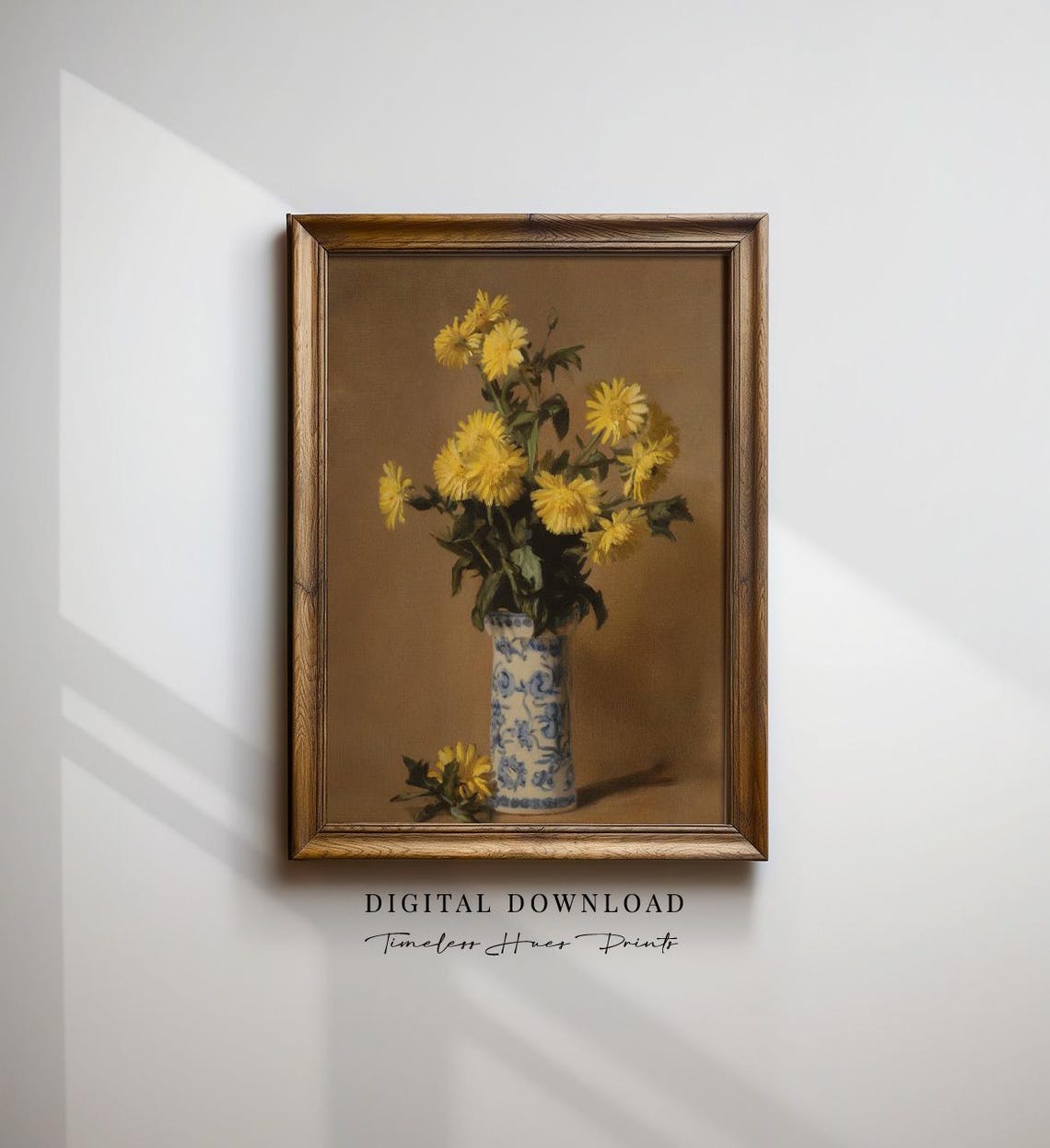 Chrysanthemum Still Life Oil Painting Blue Porcelain Vase Poster