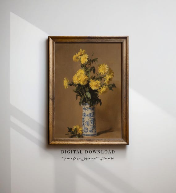Moody Still Life Oil Painting Flower Country Kitchen Wall Art Vase Print Vintage Farmhouse Decor