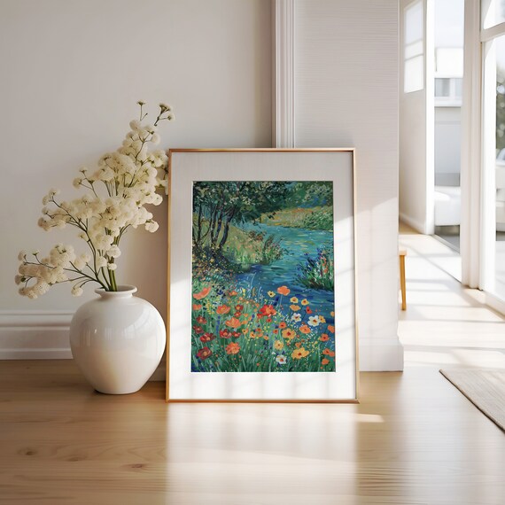 Colorful Wildflowers Beside Blue Lake Impressionist Floral Meadow Poster
