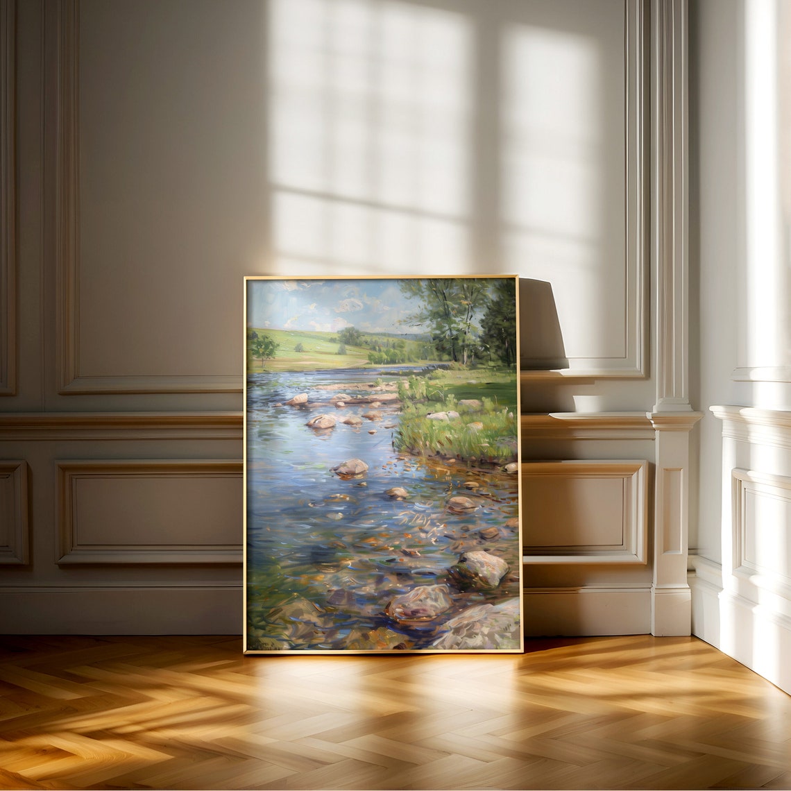 Sunlit Rocky River Meandering Through Rolling Green Pastures Poster - Image 2