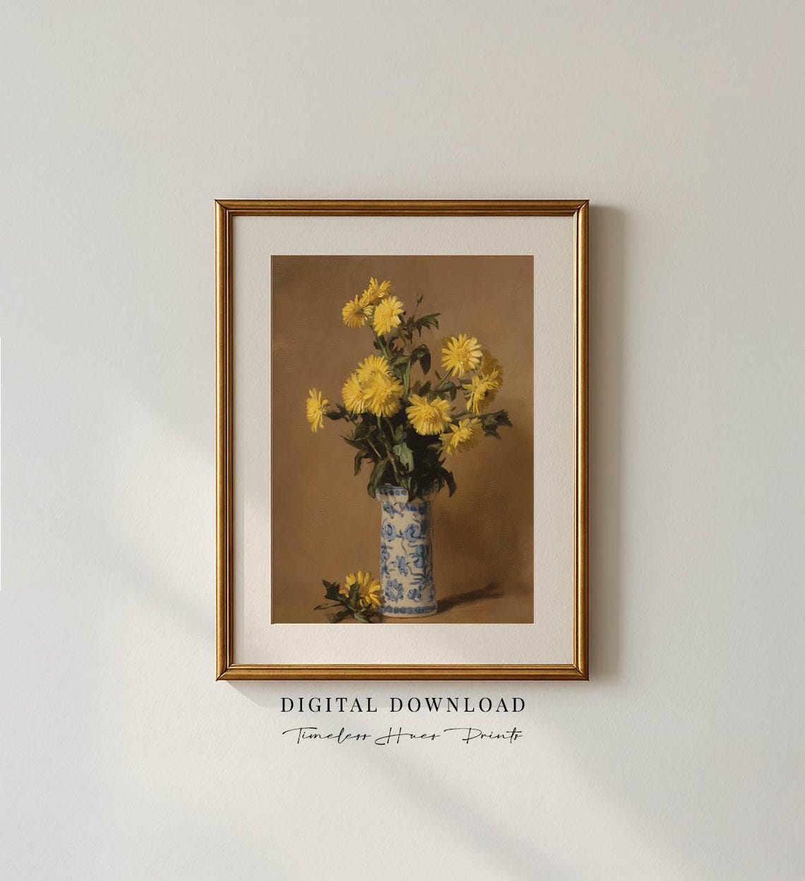 Yellow Chrysanthemums in Blue Vase Moody Botanical Wall Poster