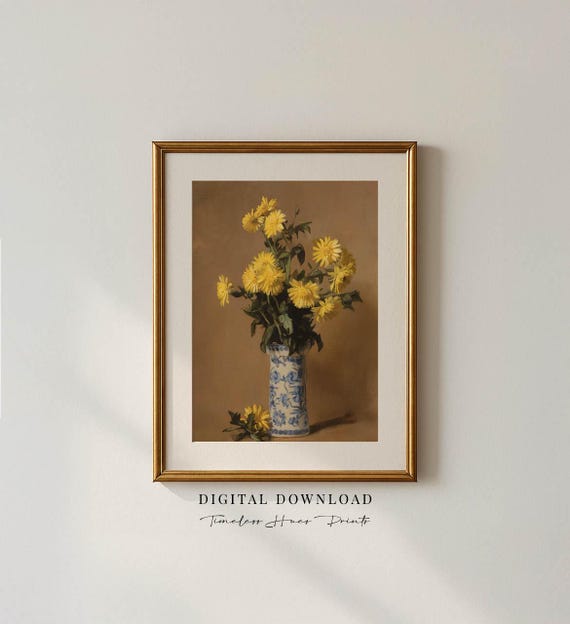 Moody Still Life Oil Painting Flower Country Kitchen Wall Art Vase Print Vintage Farmhouse Decor