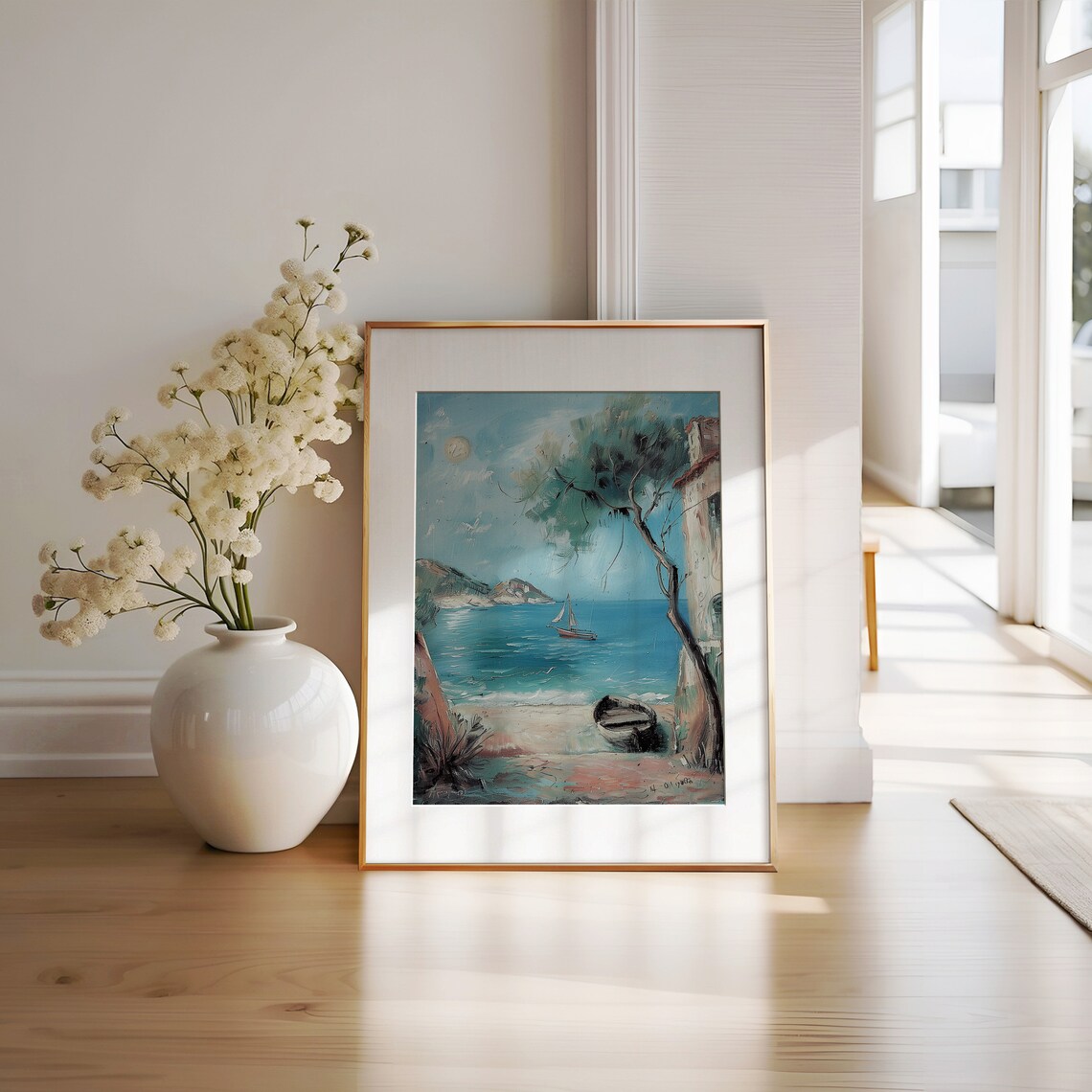 Mediterranean Coast with Sailboat Rowboat and Stone Building Sea Poster - Image 2