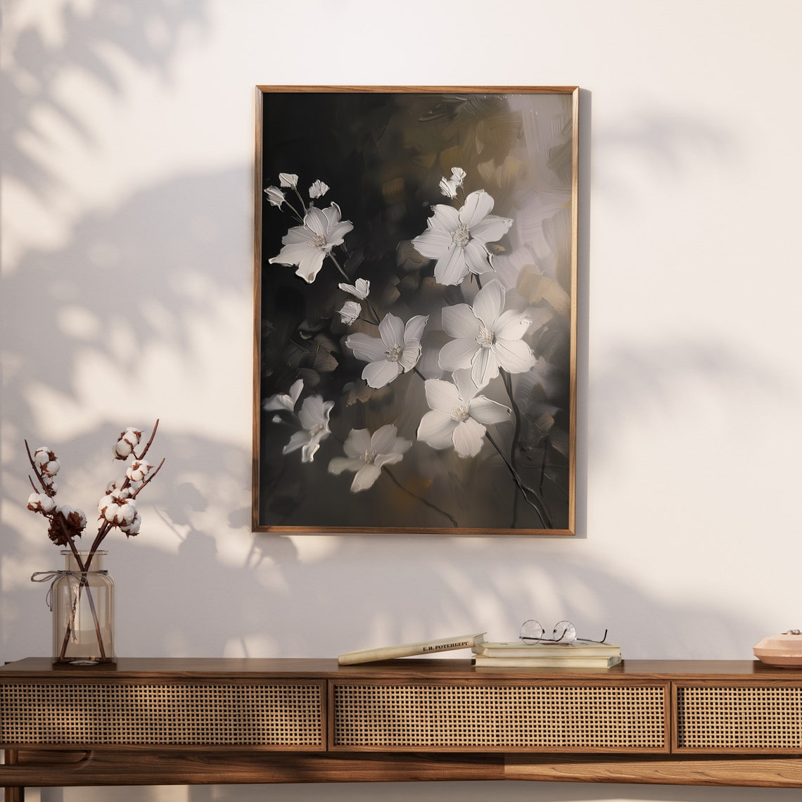 White Blossoms On Black Background Dramatic Floral Oil Painting Print - Image 2