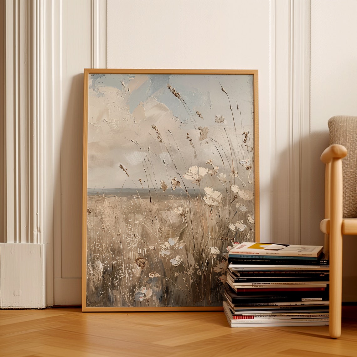 White Wildflowers Windswept Coastal Meadow Vintage Oil Poster - Image 2