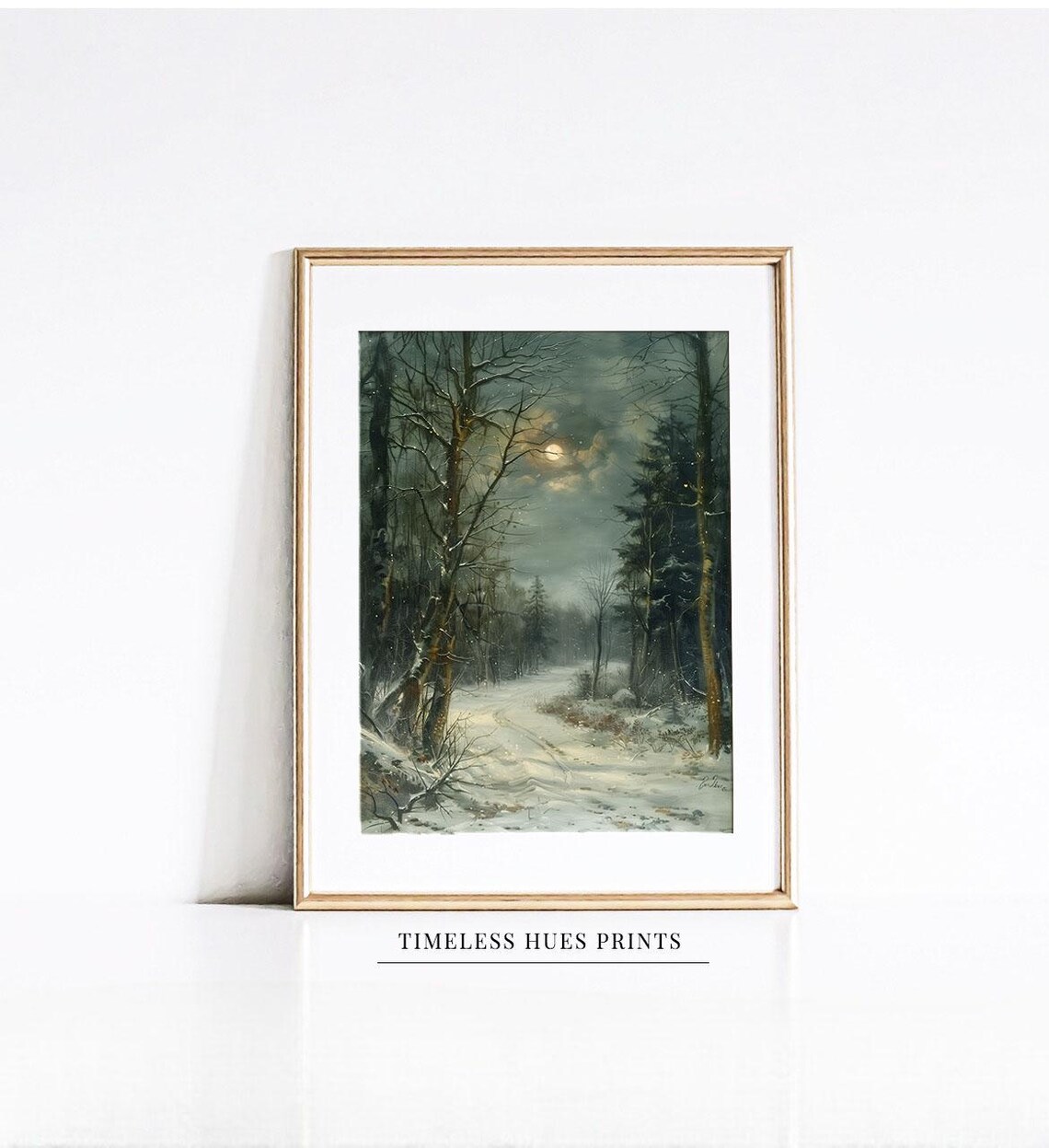 Moonlit Snowy Forest Path Winter Night Vintage Landscape Painting Poster
