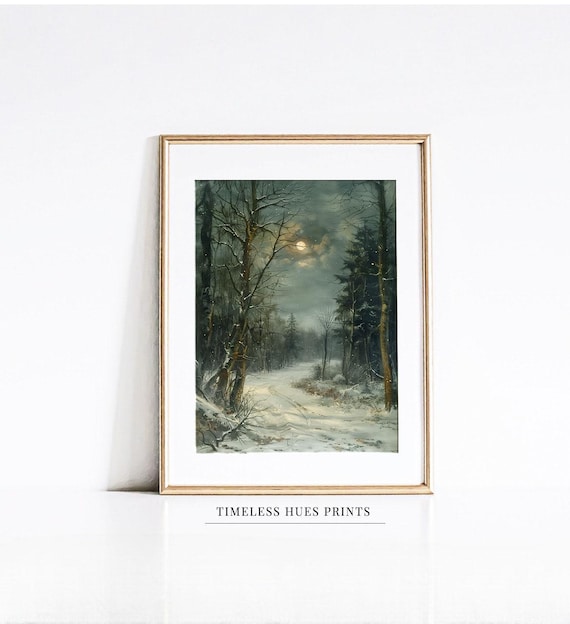 Moonlit Snowy Forest Path Winter Night Vintage Landscape Painting Poster