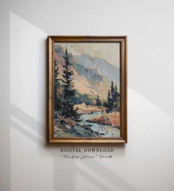 Textured Mountain Painting Impressionist River Art Cabin Decor Wilderness Rustic Scene Impasto Landscape