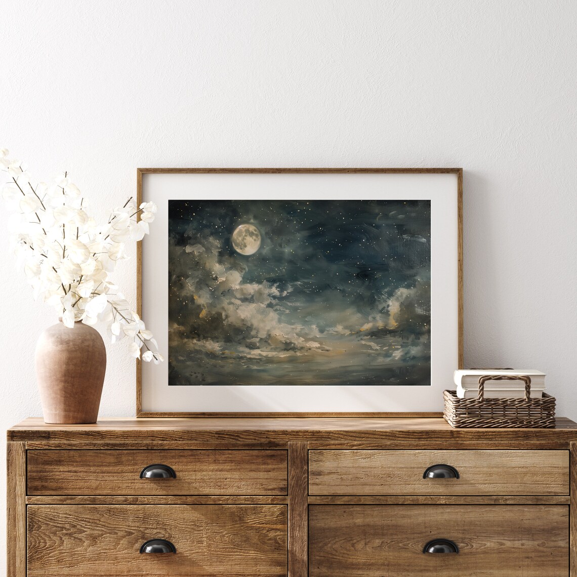 Full Moon Night Dark Clouds Painting Vintage Moody Wall Art Dark Academia Decor Gothic Landscape Horizontal - Image 2
