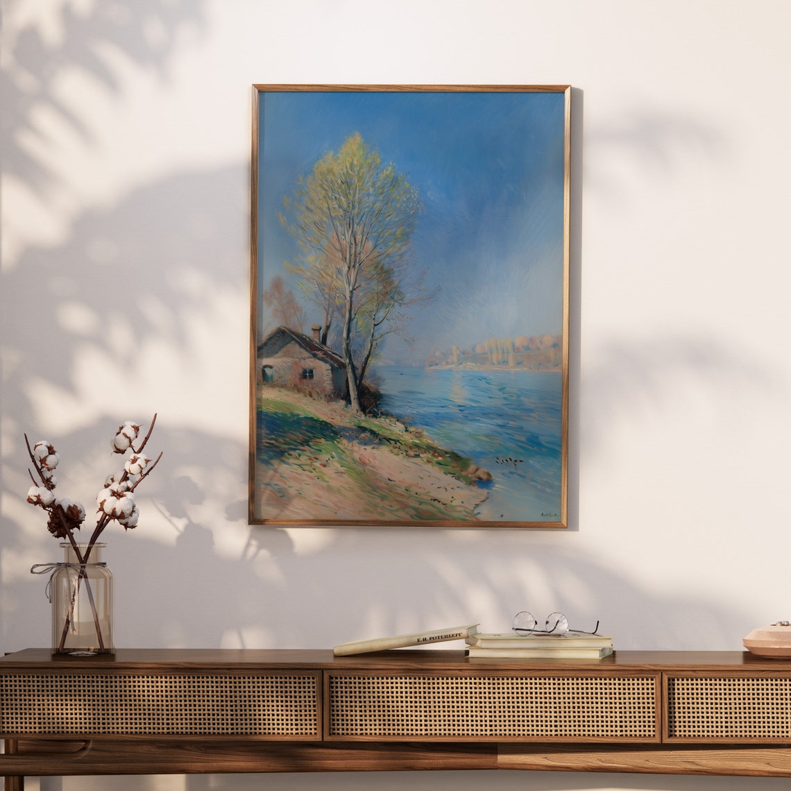 Brick Cottage By A Calm Blue Lake With A Tall Birch Tree Poster - Image 2