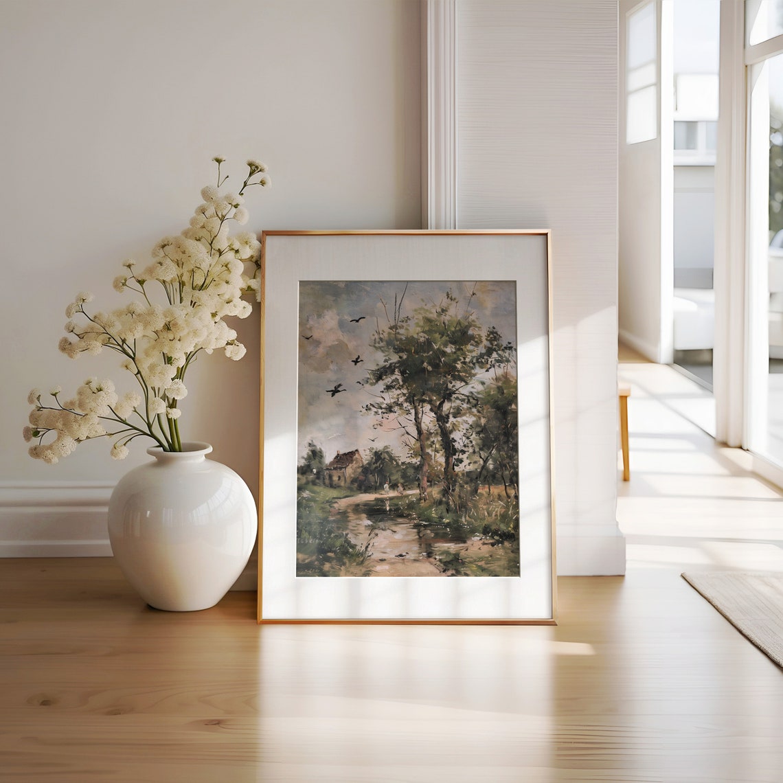 Serene Country Road with Stone Cottage and Stream Impressionist Poster - Image 3