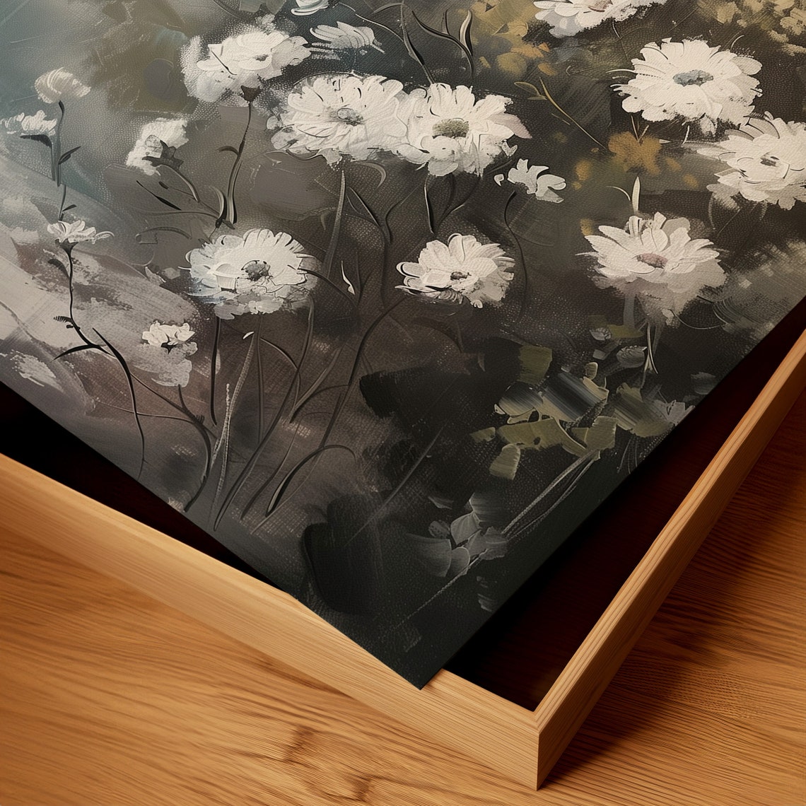 White Daisies Soft Gray Floral Oil Painting Elegant Botanical Poster - Image 3