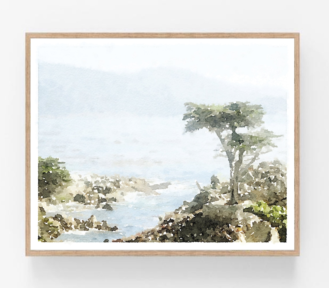 Lone Cypress Tree Watercolor Art Print, Coastal Landscape