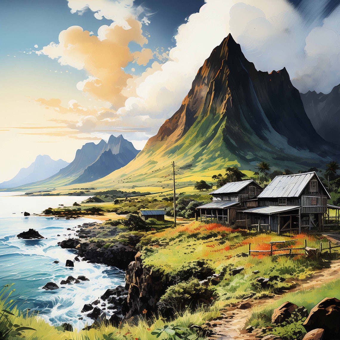 Kualoa Ranch Hawaii Mountain Coast Vintage Travel Scenic Poster - Image 4