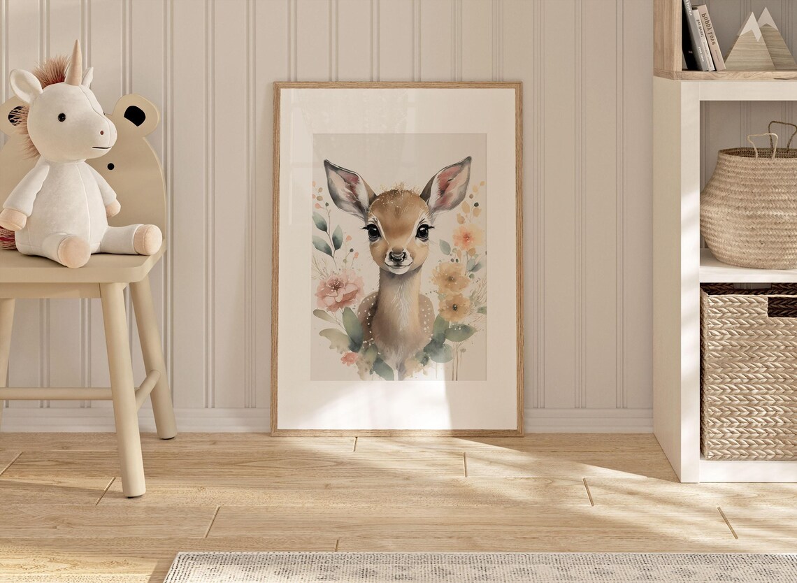 Baby Deer Fawn Watercolor Portrait With Wildflower Blooms Poster - Image 2