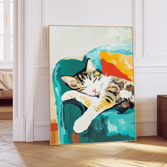 Sleeping Tabby Cat on Teal Armchair Colorful Modern Painting Art Print Poster