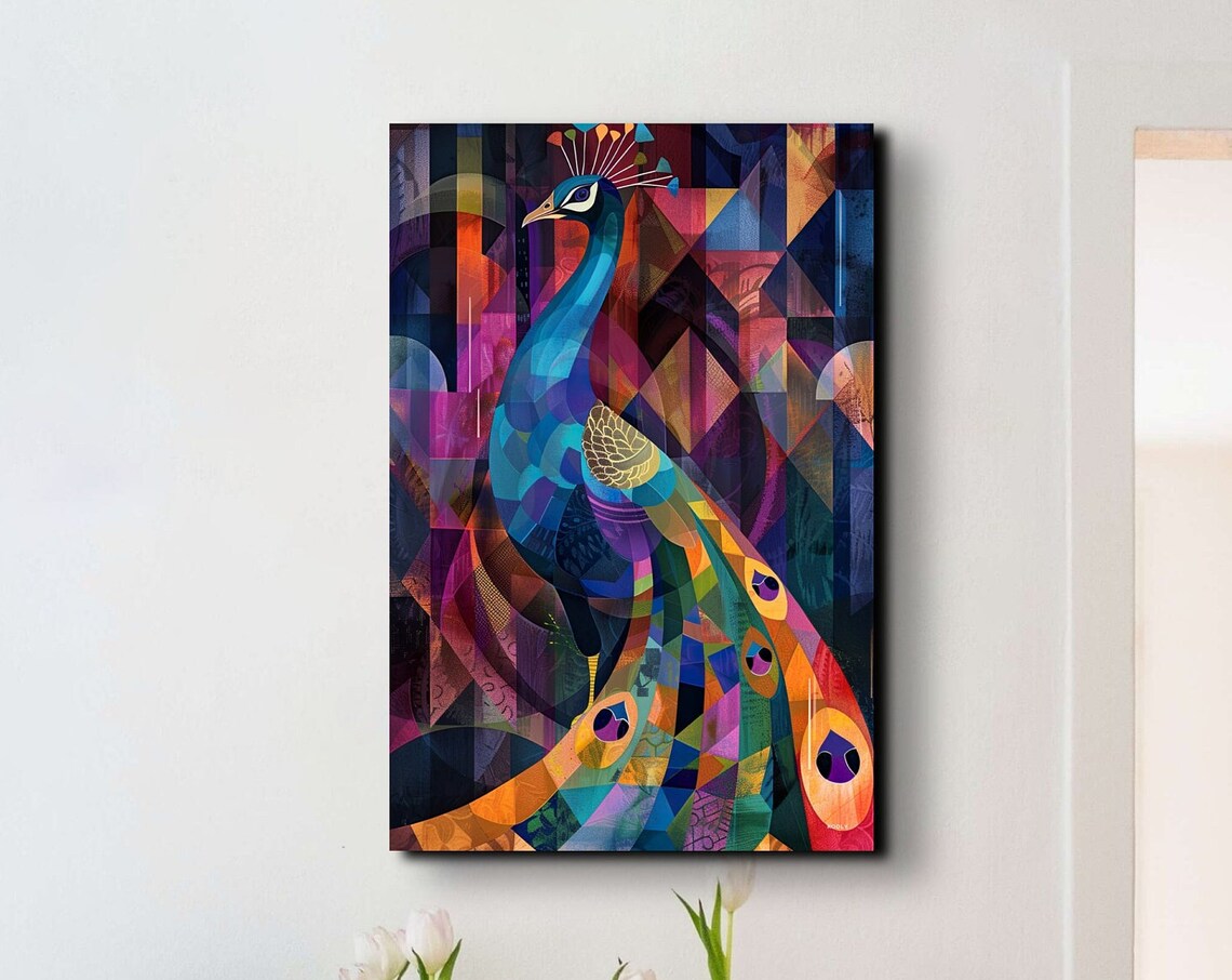 Colorful Geometric Peacock Mosaic Style Vibrant Jewel Tones Poster