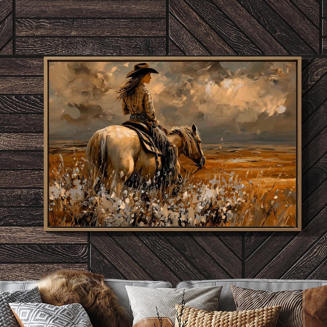 Cowgirl Riding Across Golden Prairie Art Print