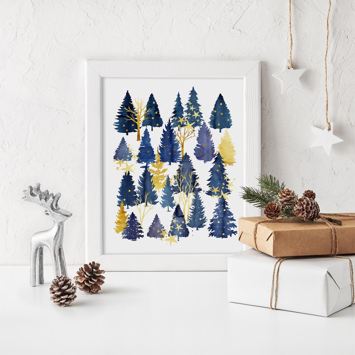 Navy And Gold Watercolor Christmas Trees Holiday Forest Art Poster - Image 2