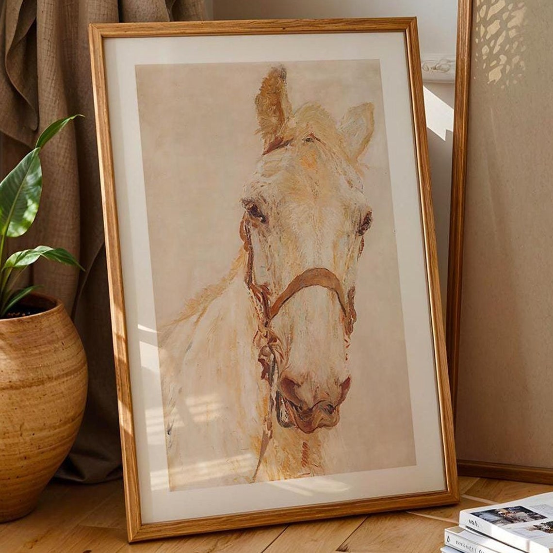 White Horse Head Vintage Equestrian Portrait Neutral Wall Poster
