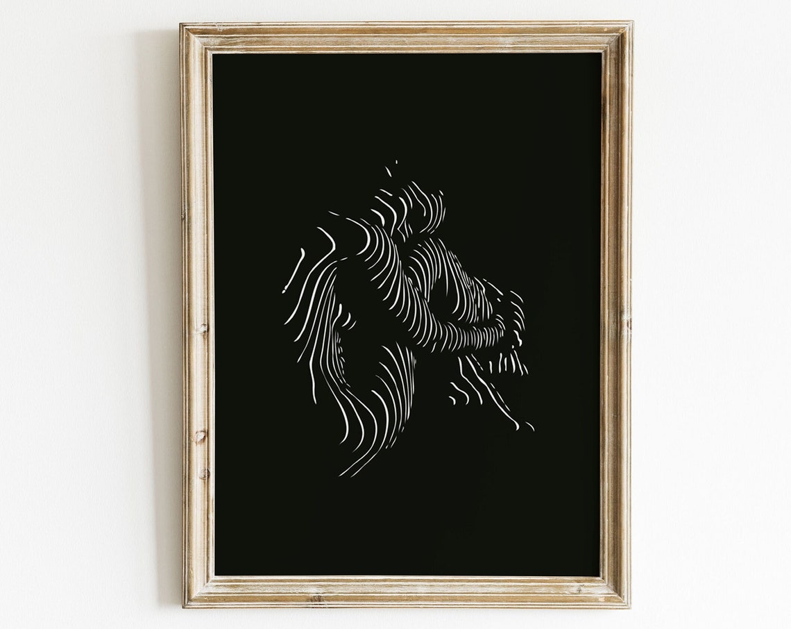 White Line Art Seated Nude Woman On Black Background Figurative Print