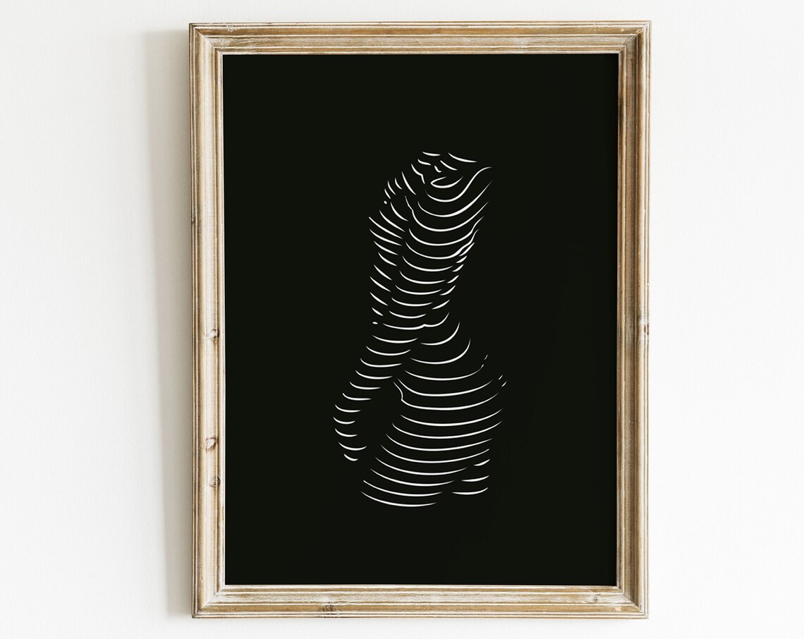 Minimalist Figurative White Line Art Female Body On Black Background Print