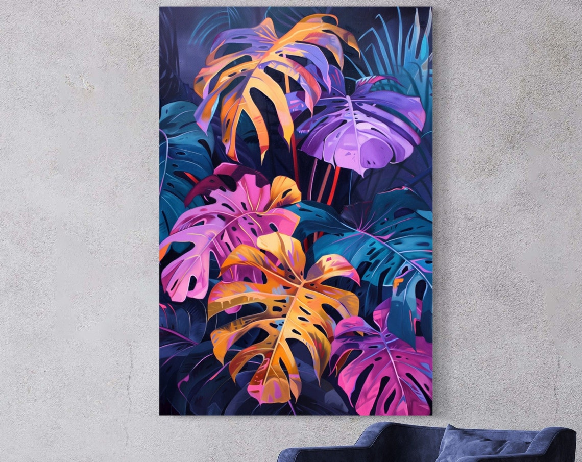 Neon Tropical Monstera Leaves on Dark Navy Background Art Poster - Image 6