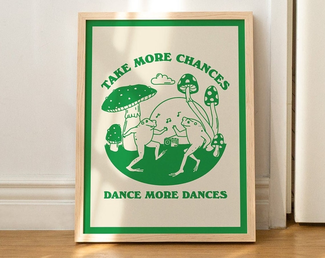 Dancing Frog Selfcare Quote, Vintage Mushroom Illustration
