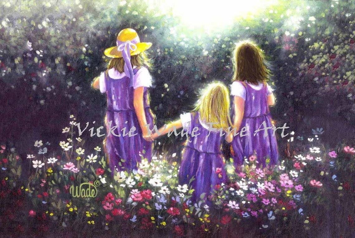 Three Sisters in Lavender Dresses Walking Flower Path Poster