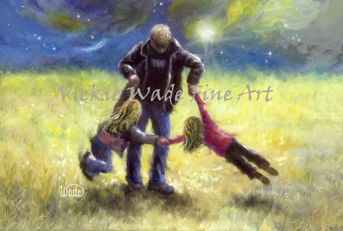 Father Twirling Two Daughters Beneath a Starry Night Sky Poster