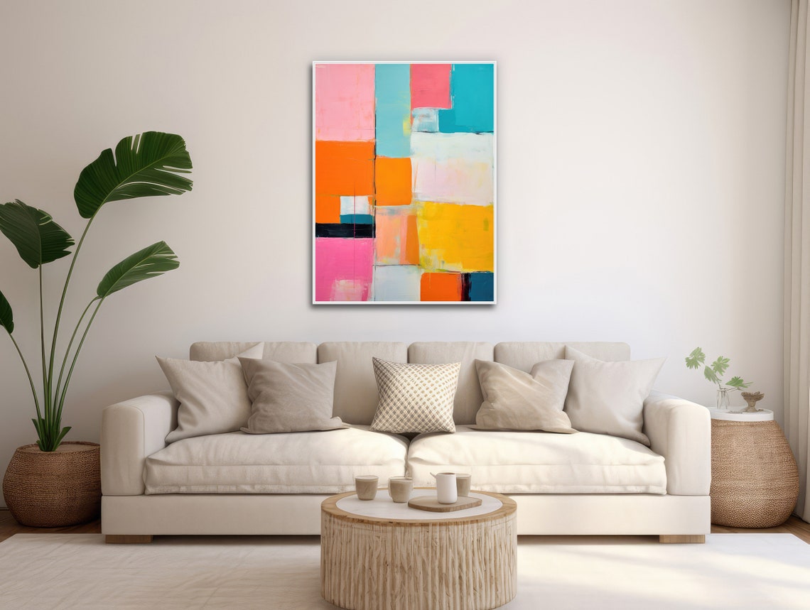 Colorful Geometric Blocks Pink Orange Teal Mid Century Wall Art - Image 3